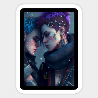 Futuristic Cyberpunk Lesbian Lovers Embrace in Emotional Portrait Sticker